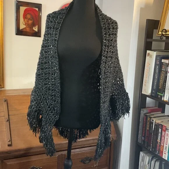 Vintage Handmade Black Crochet Shawl with Silver Highlights - Picture 4 of 16